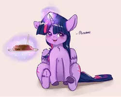 Size: 3985x3225 | Tagged: safe, artist:miokomata, derpibooru import, twilight sparkle, twilight sparkle (alicorn), alicorn, pony, blushing, both cutie marks, chest fluff, cute, dialogue, ear fluff, female, floppy ears, food, glowing horn, horn, looking at you, magic, mare, open mouth, pancakes, pink background, plate, simple background, sitting, solo, telekinesis, twiabetes, underhoof