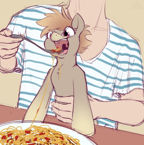 Size: 1137x1143 | Tagged: safe, artist:elicitie, derpibooru import, oc, oc:cookie malou, unofficial characters only, earth pony, human, pony, eating, food, holding a pony, pasta, ponified animal photo, spaghetti, uvula