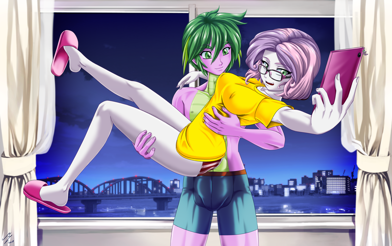 Size: 3061x1926 | Tagged: safe, alternate version, artist:mauroz, derpibooru import, spike, sweetie belle, human, equestria girls, absurd file size, anime, breasts, bridal carry, busty sweetie belle, carrying, clothes, cute, duo, female, glasses, human spike, humanized, legs, lucky, male, older, older sweetie belle, panties, red underwear, shipping, shirt, shoe dangling, shoes, slippers, spikebelle, straight, striped underwear, underwear