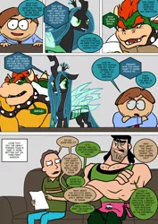 Size: 800x1133 | Tagged: artist:imbriaart, bowser, changeling, changeling queen, clothes, comic, comic:magic princess war, couch, crossover, derpibooru import, eric cartman, female, human, jerry smith, male, paper, queen chrysalis, rick and morty, safe, south park, super mario bros.