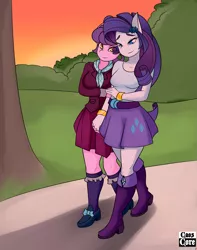 Size: 2297x2911 | Tagged: safe, artist:caoscore, derpibooru import, rarity, suri polomare, anthro, equestria girls, clothes, crystal prep academy uniform, female, holding hands, lesbian, looking at each other, park, school uniform, shipping, sunset, surity