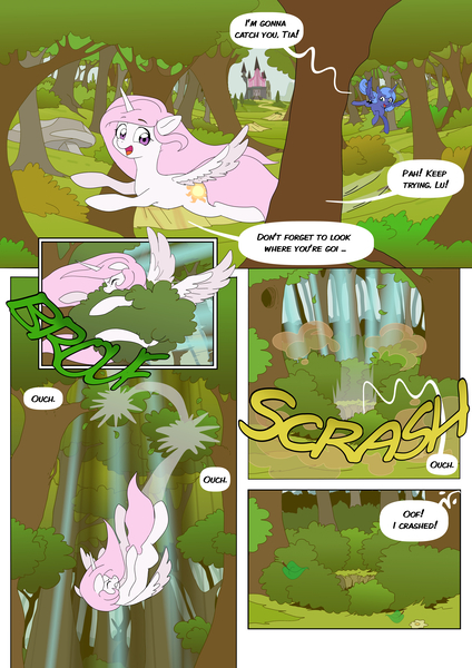 Size: 5784x8176 | Tagged: safe, artist:jeremy3, artist:lummh, derpibooru import, princess celestia, princess luna, alicorn, pony, comic:celestia's destiny, castle of the royal pony sisters, comic, everfree forest, falling, ouch, past, pink-mane celestia, s1 luna, tree, young celestia, young luna