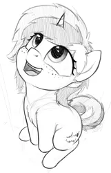 Size: 902x1400 | Tagged: safe, artist:zippysqrl, derpibooru import, oc, oc:sign, unofficial characters only, pony, unicorn, chest fluff, female, freckles, grayscale, happy, looking up, mare, monochrome, open mouth, sitting, sketch, solo
