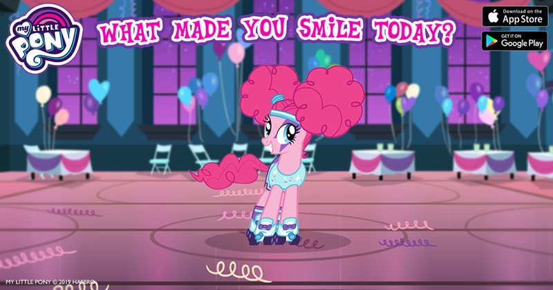 Size: 960x504 | Tagged: safe, derpibooru import, pinkie pie, earth pony, pony, balloon, clothes, confetti, costume, facebook, female, gameloft, mare, my little pony logo, pinkie puffs, ribbon, skates, smiling, solo, table