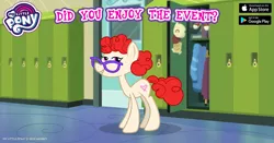 Size: 960x504 | Tagged: safe, derpibooru import, twist, earth pony, pony, the last problem, canterlot high, cap, facebook, female, gameloft, glasses, hat, lidded eyes, looking at you, mare, my little pony logo, older twist, smiling, solo
