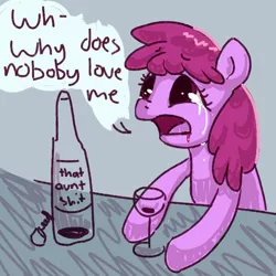 Size: 602x603 | Tagged: safe, artist:tilling-tan, derpibooru import, berry punch, berryshine, earth pony, pony, /mlp/, 4chan, alcohol, corkscrew, crying, drawthread, drunk, red wine, solo, speech bubble, text, vulgar, wine