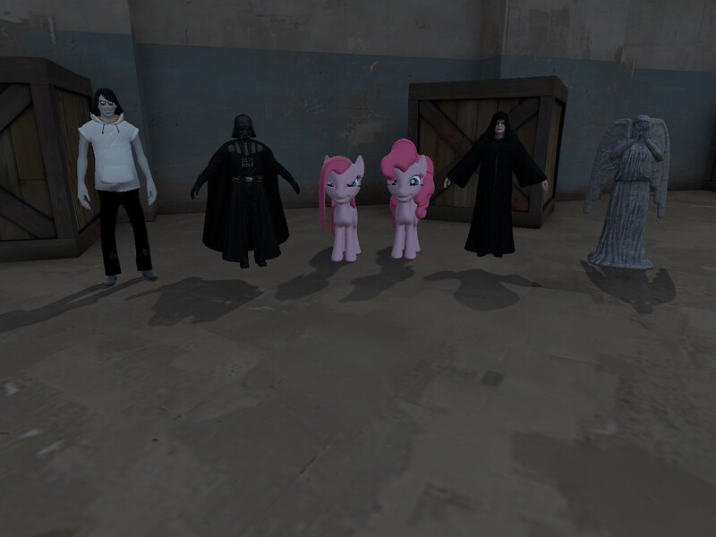 Size: 1400x1050 | Tagged: artist:nightmenahalo117, darth vader, derpibooru import, emperor palpatine, female, jeff the killer, meme, nightmena, pinkie pie, safe, siblings, sisters, star wars, statue, weeping angel