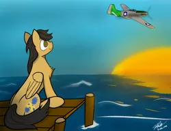 Size: 5200x4000 | Tagged: aircraft, artist:flywheel, derpibooru import, oc, oc:crisom chin, ocean, p-51 mustang, pegasus, pier, plane, safe, sitting, solo, sunrise, sunset, unofficial characters only, wings