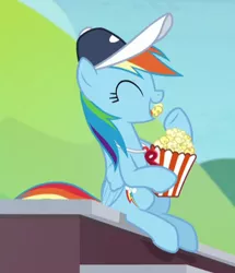 Size: 360x419 | Tagged: safe, derpibooru import, screencap, rainbow dash, pegasus, pony, 2 4 6 greaaat, coach rainbow dash, coaching cap, cropped, cute, eating, eyes closed, food, happy, popcorn, sitting, solo, whistle, whistle necklace