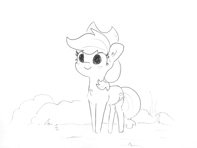 Size: 1920x1440 | Tagged: safe, artist:tjpones, derpibooru import, edit, editor:dsp2003, applejack, earth pony, pony, chest fluff, cute, ear fluff, female, jackabetes, mare, monochrome, neat, simple background, smiling, solo, traditional art, white background
