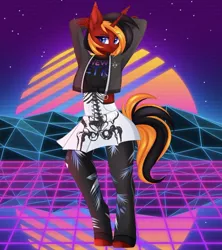 Size: 750x845 | Tagged: safe, alternate version, artist:pesty_skillengton, derpibooru import, oc, oc:red flame, unofficial characters only, anthro, bat pony, pony, unicorn, clothes, commission, female, jojo pose, jojo's bizarre adventure, mare, no wing, outrun, skirt, solo