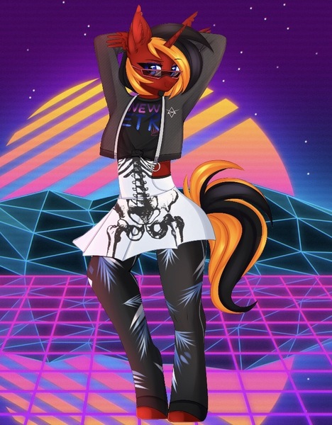 Size: 750x962 | Tagged: safe, alternate version, artist:pesty_skillengton, derpibooru import, oc, oc:red flame, anthro, bat pony, pony, unicorn, clothes, commission, glasses, jojo pose, jojo's bizarre adventure, no wing, outrun, skirt, solo