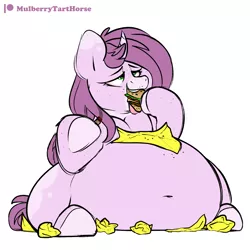 Size: 2000x2000 | Tagged: artist:mulberrytarthorse, belly, belly button, big belly, blunt, burger, derpibooru import, drugs, eating, fat, female, food, marijuana, meat, munchies, obese, oc, oc:mulberry tart, patreon, patreon logo, ponies eating meat, sitting, smoking, solo, stuffed, stuffing, suggestive, wide hips