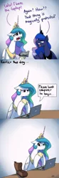 Size: 1200x3600 | Tagged: safe, artist:anticular, derpibooru import, princess celestia, princess luna, alicorn, pony, ask sunshine and moonbeams, annoyed, boot, comic, computer, crown, crying, dialogue, duo, female, jewelry, laptop computer, literal minded, mare, open mouth, peytral, pun, regalia, royal sisters, sillestia, silly