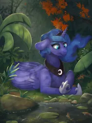 Size: 3000x4000 | Tagged: safe, artist:blackligerth, derpibooru import, princess luna, alicorn, fish, pony, digital art, ethereal mane, female, floppy ears, forest, grass, hoof shoes, lilypad, mare, peytral, prone, rock, solo, starry mane, tree, vegetation, water