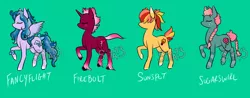 Size: 2300x900 | Tagged: safe, artist:lavvythejackalope, derpibooru import, oc, oc:fancy flight, oc:firebolt, oc:sugarswirl, oc:sunspot, unofficial characters only, earth pony, pegasus, pony, unicorn, bow, braid, colored hooves, earth pony oc, ethereal mane, eyes closed, freckles, hair over eyes, hoof fluff, horn, pegasus oc, starry mane, tail bow, unicorn oc, wings