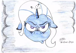 Size: 1024x716 | Tagged: safe, artist:gafelpoez, derpibooru import, trixie, pony, angry, floppy ears, solo, the offspring, traditional art