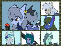 Size: 1921x1440 | Tagged: safe, artist:omegapony16, derpibooru import, oc, oc:oriponi, unofficial characters only, bat pony, earth pony, pegasus, pony, unicorn, armor, bat pony oc, bat wings, ear piercing, earring, earth pony oc, eyepatch, female, frown, goggles, grin, gun, horn, jewelry, male, mare, pegasus oc, piercing, scar, smiling, soldier, stallion, unicorn oc, weapon, wings