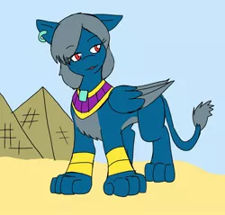 Size: 2048x1959 | Tagged: safe, artist:omegapony16, derpibooru import, oc, oc:oriponi, unofficial characters only, sphinx, bracelet, desert, ear piercing, earring, female, image, jewelry, jpeg, piercing, pyramid, sand, solo, sphinx oc