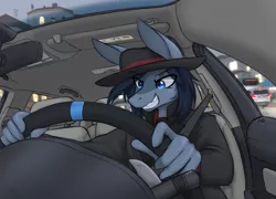 Size: 2889x2082 | Tagged: anthro, artist:orang111, car, derpibooru import, driving, grin, hat, male, oc, oc:shark nized, original species, safe, shark, shark pony, smiling, solo, stallion