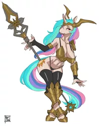 Size: 940x1191 | Tagged: anthro, armor, armpits, artist:reptilian_orbit, breasts, busty princess celestia, derpibooru import, female, princess celestia, simple background, simple shading, solo, solo female, staff, suggestive, unconvincing armor, unguligrade anthro, white background