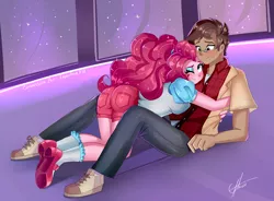 Size: 3672x2700 | Tagged: safe, artist:xjenn9, derpibooru import, pinkie pie, oc, oc:copper plume, equestria girls, blushing, canon x oc, commission, commissioner:imperfectxiii, copperpie, female, hug, lidded eyes, male, one eye closed, ponytail, shipping, straight