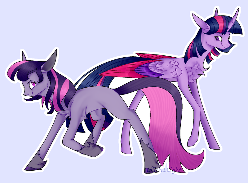 Size: 2036x1504 | Tagged: safe, artist:lilith1light, derpibooru import, twilight sparkle, twilight sparkle (alicorn), alicorn, earth pony, pony, derpibooru, leak, spoiler:g5, chest fluff, earth pony twilight, female, g4, g4 to g5, g5, juxtaposition, mare, meta, outline, self ponidox, simple background, smiling, twilight sparkle (g5), unshorn fetlocks