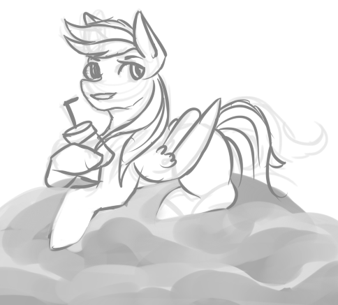 Size: 484x437 | Tagged: safe, artist:pockypocky, derpibooru import, rainbow dash, pegasus, pony, cloud, drink, female, grayscale, mare, monochrome, relaxing, sketch, soda, solo, wip