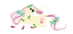Size: 711x339 | Tagged: safe, artist:a-chatty-cathy, derpibooru import, fluttershy, pony, unicorn, leak, spoiler:g5, female, flower, flower in hair, fluttershy (g5), g5, hooves, mare, simple background, transparent background, unicorn fluttershy, vine
