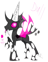 Size: 888x1150 | Tagged: safe, artist:didun850, derpibooru import, oc, oc:dull, unofficial characters only, changeling, changeling oc, dunce hat, fangs, forked tongue, hat, looking back, pink changeling, raised hoof, reference sheet, signature, simple background, solo, text, tongue out, transparent background