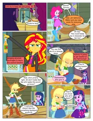 Size: 612x792 | Tagged: safe, artist:greatdinn, artist:newbiespud, derpibooru import, edit, edited screencap, screencap, applejack, pinkie pie, spike, sunset shimmer, twilight sparkle, dog, comic:friendship is dragons, equestria girls, equestria girls (movie), alcohol, animal, balloon, beer bottle, boots, cider, clothes, collaboration, comic, cutie mark, cutie mark on clothes, dialogue, eyes closed, female, freckles, frown, gym, hat, male, mouth hold, screencap comic, shoes, spike the dog, table, thinking, unamused