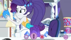 Size: 1280x720 | Tagged: safe, derpibooru import, edit, edited screencap, editor:thomasfan45, screencap, rarity, equestria girls, equestria girls series, festival looks, bare arms, bare shoulders, barefoot, bed, chair, clothes, cute, description is relevant, dress, feet, female, jacket, mannequin, missing geode, music festival outfit, raribetes, rarity's bedroom, solo, webcam