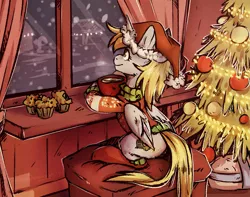 Size: 1627x1280 | Tagged: safe, artist:lonerdemiurge_nail, derpibooru import, derpy hooves, alicorn, pony, alicornified, alternate cutie mark, christmas, christmas sweater, christmas tree, clothes, commission, derpicorn, food, hat, holiday, looking out the window, muffin, night, race swap, santa hat, sitting, smiling, socks, solo, sweater, tree, window
