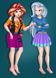 Size: 735x1024 | Tagged: safe, alternate version, artist:anonix123, derpibooru import, edit, editor:thomasfan45, sunset shimmer, trixie, human, equestria girls, equestria girls series, forgotten friendship, barefoot, barrette, breasts, cleavage, clothes, cute, cutie mark, cutie mark on clothes, digital art, duo, feet, female, human coloration, jacket, legs, shirt, skirt, smiling