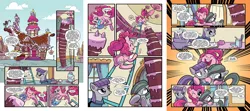 Size: 2304x1024 | Tagged: safe, artist:kate sherron, author:jeremy whitley, derpibooru import, idw, boulder (pet), marble pie, maud pie, pinkie pie, earth pony, pony, spoiler:comic, spoiler:comic86, cake, comic, female, food, giant cake, mare, official comic, pie sisters, ponyville, preview, siblings, sisters, sugarcube corner, when she speaks