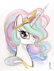 Size: 1338x1755 | Tagged: safe, artist:sararichard, derpibooru import, princess celestia, alicorn, pony, bust, crown, cute, cutelestia, female, jewelry, looking at you, mare, portrait, profile, regalia, simple background, solo, traditional art, watercolor painting, white background