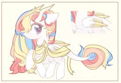 Size: 2350x1620 | Tagged: safe, artist:cloudsweet112, derpibooru import, oc, oc:rainbow dreams, pegasus, pony, adopted, female, hair over one eye, horn, leonine tail, multicolored hair, one hoof raised, rainbow hair, ribbon, two toned wings, wings
