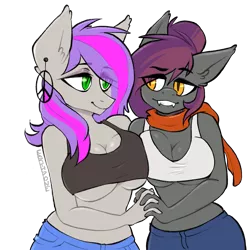 Size: 2048x2048 | Tagged: suggestive, artist:earthpone, derpibooru import, oc, oc:anneal, oc:windseeker, unofficial characters only, anthro, bat pony, big breasts, boob squish, breasts, eye contact, fangs, female, females only, holding hands, lesbian, looking at each other, mare, simple background, squishy, transparent background, underboob