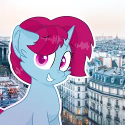 Size: 1150x1150 | Tagged: safe, artist:rainbow eevee, derpibooru import, oc, oc:spring grezt, unofficial characters only, pony, aesthetic, anxious, beautiful, building, colored pupils, cute, eyebrows visible through hair, france, icon, irl, looking at you, magical lesbian spawn, offspring, parent:spring rain, parent:tempest shadow, parents:springshadow, paris, photo, solo, vibrant colours