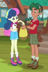 Size: 475x707 | Tagged: safe, derpibooru import, screencap, bon bon, sweetie drops, timber spruce, equestria girls, legend of everfree, bag, boots, camp everfree outfits, clothes, cropped, female, legs, male, shoes, shorts, smiling, socks