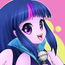 Size: 716x712 | Tagged: safe, artist:noodlefreak88, derpibooru import, twilight sparkle, twilight sparkle (alicorn), alicorn, equestria girls, rainbow rocks, abstract background, anime, bust, cute, female, looking at you, microphone, open mouth, portrait, solo, twiabetes