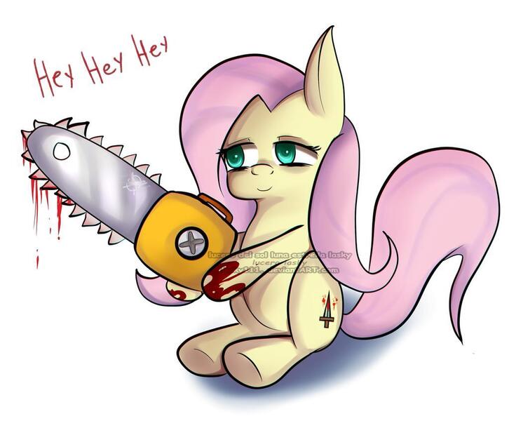 Size: 1024x846 | Tagged: semi-grimdark, artist:lasky111, derpibooru import, fluttershy, pony, .mov, shed.mov, blood, chainsaw, female, fluttershed, mare, simple background, sitting, solo, stay out of my shed, white background