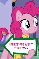 Size: 550x820 | Tagged: blatant lies, cropped, derpibooru import, edit, edited screencap, exploitable meme, meme, pinkie pie, pinkie pie's sign, safe, screencap, solo, spice up your life