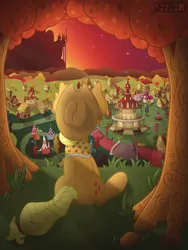 Size: 4000x5333 | Tagged: absurd resolution, alternate version, applejack, artist:sol-r, canterlot, clothes, derpibooru import, end of ponies, facing away, granny smith's scarf, older, older applejack, ponyville, ponyville town hall, rear view, safe, scarf, sitting, solo, the last problem, tree, windmill