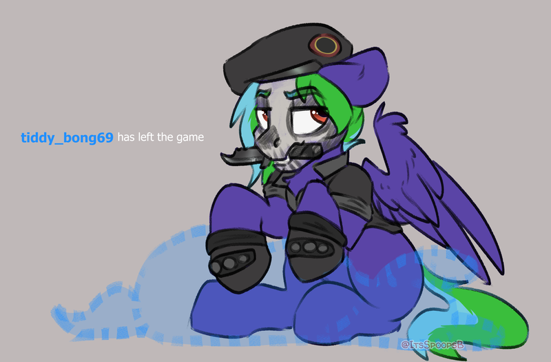 Size: 2274x1493 | Tagged: safe, artist:spoopygander, derpibooru import, oc, oc:weldbead, pegasus, pony, cav, caveira, clothes, interrogation, knife, rage quit, rainbow six siege