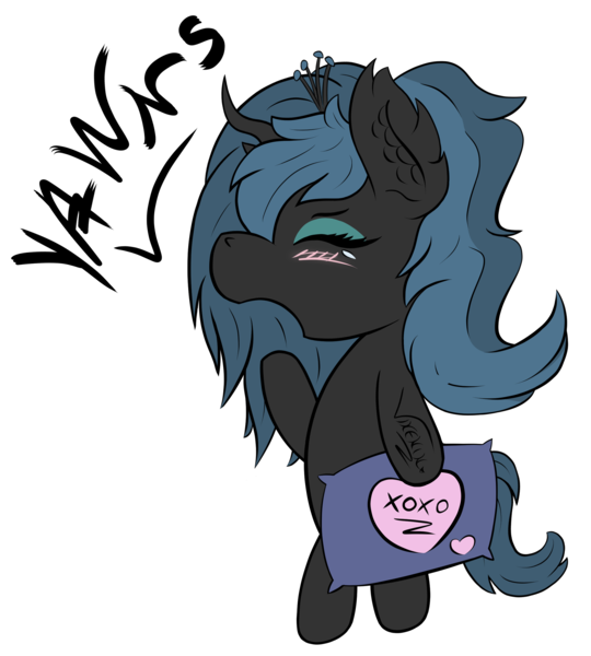 Size: 2304x2560 | Tagged: artist:vixenin, bipedal, blushing, changeling, chibi, crown, cute, cutealis, derpibooru import, ear fluff, eyes closed, female, filly, filly queen chrysalis, fluffy changeling, high res, jewelry, open mouth, pillow, profile, queen chrysalis, regalia, safe, simple background, sleepy, solo, transparent background, xoxo, yawn, younger