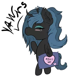Size: 2304x2560 | Tagged: artist:vixenin, bipedal, blushing, changeling, chibi, crown, cute, cutealis, derpibooru import, ear fluff, eyes closed, female, filly, filly queen chrysalis, fluffy changeling, high res, jewelry, open mouth, pillow, profile, queen chrysalis, regalia, safe, simple background, sleepy, solo, transparent background, xoxo, yawn, younger