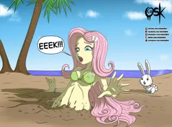 Size: 2000x1473 | Tagged: suggestive, artist:oldskullkid, derpibooru import, angel bunny, fluttershy, rabbit, equestria girls, animal, armpits, beach, belly button, bikini, breasts, clothes, eek, ocean, palm tree, quicksand, swimsuit, tree