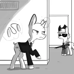 Size: 1080x1080 | Tagged: safe, artist:tjpones, derpibooru import, ponified, pony, unicorn, agent 47, barcode, clothes, garrote, grayscale, gun, hitman, imminent murder, monochrome, necktie, rifle, sneaking, solo, suit, sunglasses, weapon