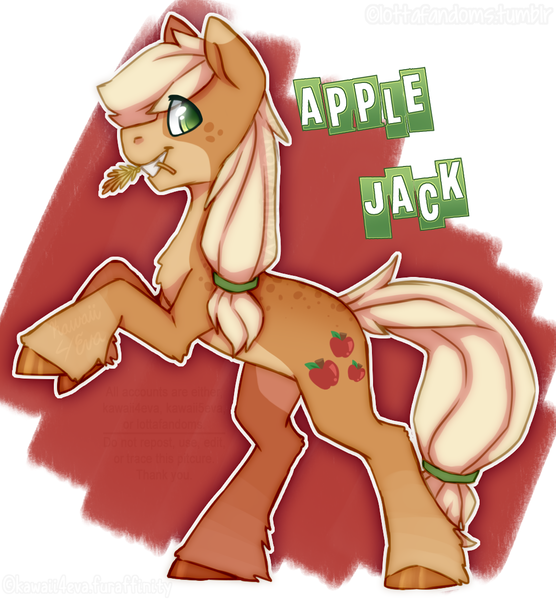 Size: 1012x1092 | Tagged: safe, artist:lottafandoms, derpibooru import, applejack, earth pony, pony, leak, spoiler:g5, applejack (g5), eye clipping through hair, female, g5, hooves, mare, rearing, redesign, simple background, smiling, solo, straw in mouth